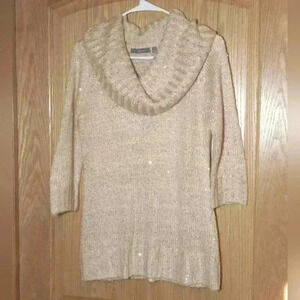 NY Collection small sweater cowl neck peach sparkly sequins soft 3/4 sleeve